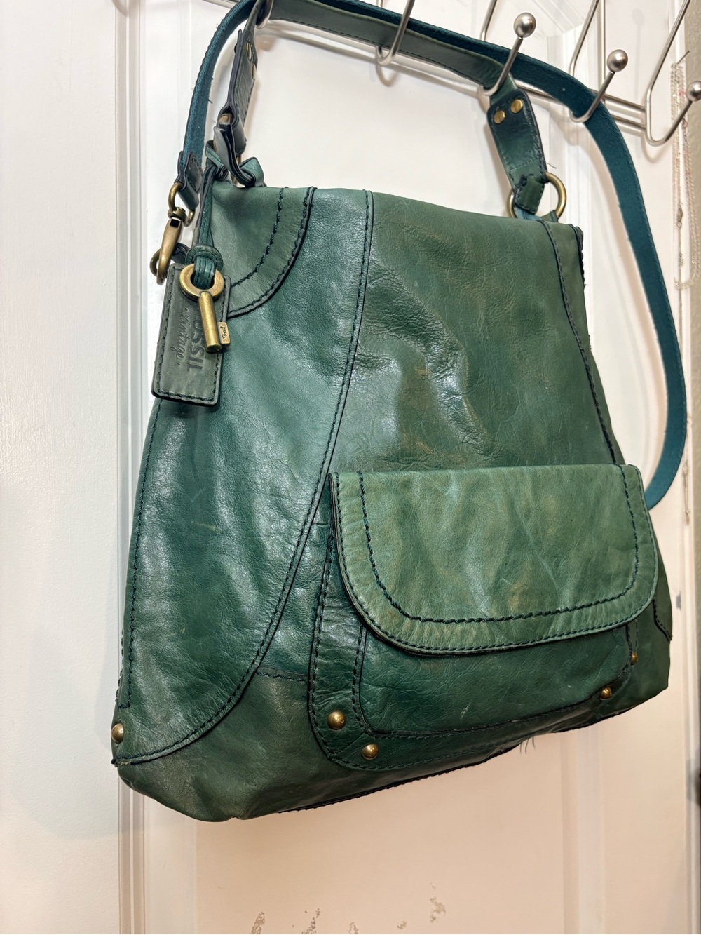 Fossil Distressed Green Leather Convertible Hobo Crossbody Bag
